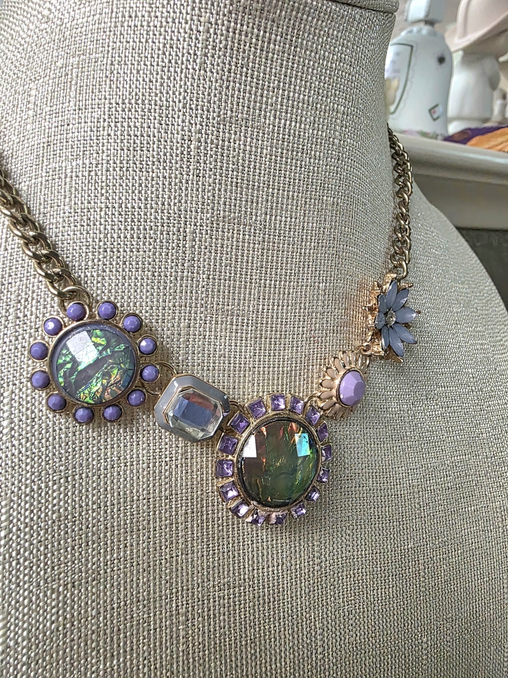 Gold-Tone Multi-Stone Purple Floral Statement Necklace - Picture 2 of 5